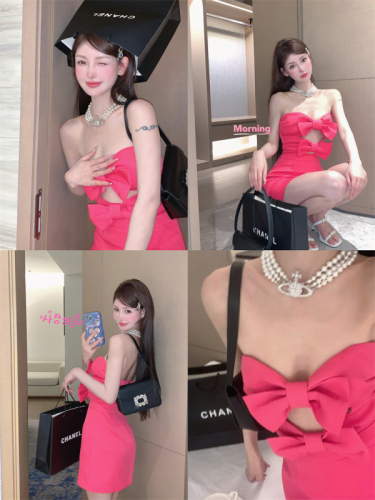 ~The God of Love Comes Rose Red Waist Heavy Industry Bow Design Annual Party Sling Dress