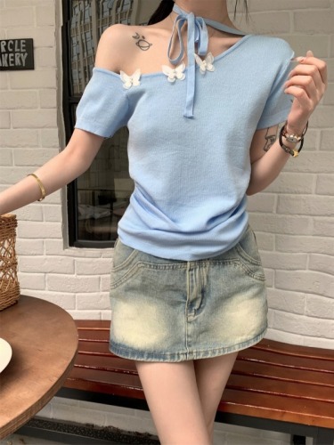 Real shot of summer sweet girl bow short design slanted shoulder slimming short-sleeved T-shirt