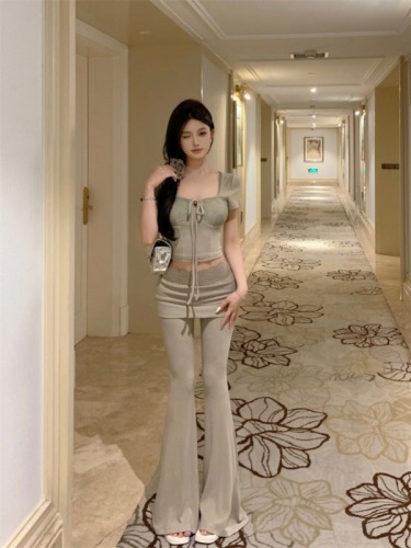 Actual photos and real prices ~ hot girl lace splicing straps slim fit top + high waist micro-flared casual pants suit