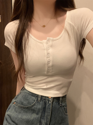 Actual shot and real price Korean style good figure beauty basic simple and versatile slimming elastic multi-button short-sleeved T-shirt for women