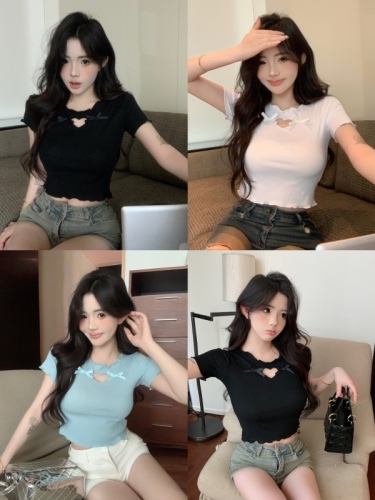 Real shot and real price. Sweet and spicy pure desire little T-shirt for women. Summer short design with hollow love bow top for women.