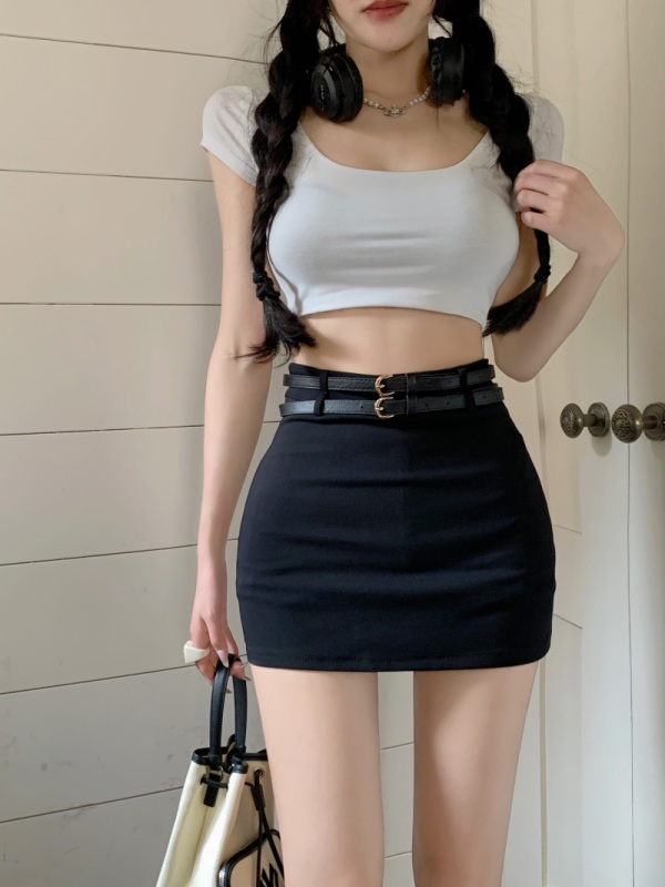 Real price!  2023 New Hot Girl High Waisted Double Belt Hip Covering Slimming Versatile Butt Revealing Short Skirt