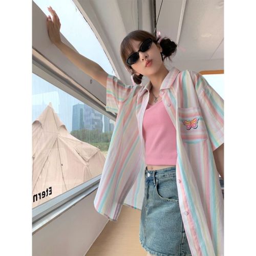 Spot original Hong Kong style new candy color vertical striped towel embroidered butterfly Japanese cute sweet sleeve shirt top