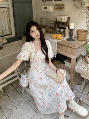 Real shot French square neck small fresh floral dress for women summer gentle style waist slimming mid-length A-line skirt