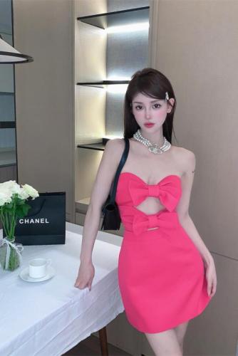 ~The God of Love Comes Rose Red Waist Heavy Industry Bow Design Annual Party Sling Dress