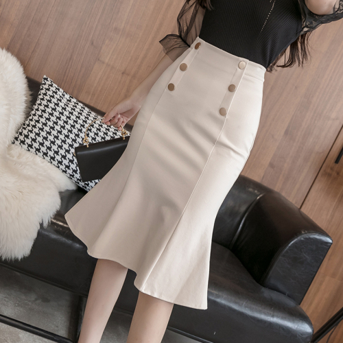 Real shot of new Korean style women's super slim skirt slim high waist mid-length skirt double breasted fishtail hip skirt