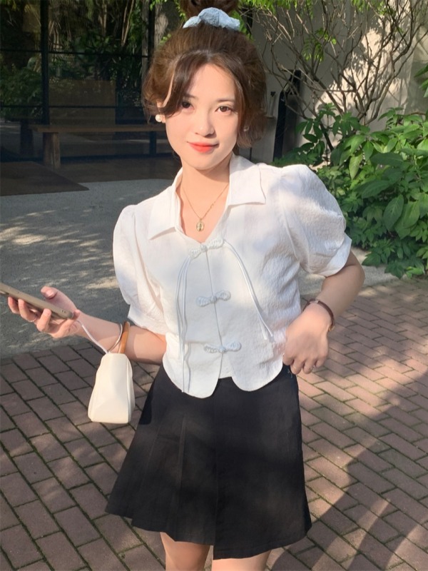 Actual shot of new summer style retro Chinese-style buckle temperament stand-up collar shirt short puff-sleeve top chic shirt for women