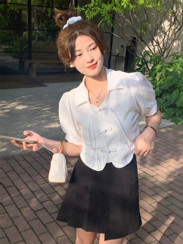 Actual shot of new summer style retro Chinese-style buckle temperament stand-up collar shirt short puff-sleeve top chic shirt for women