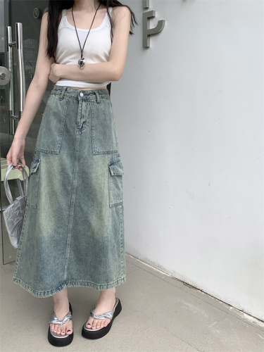 Summer design mid-length retro slit denim skirt for women