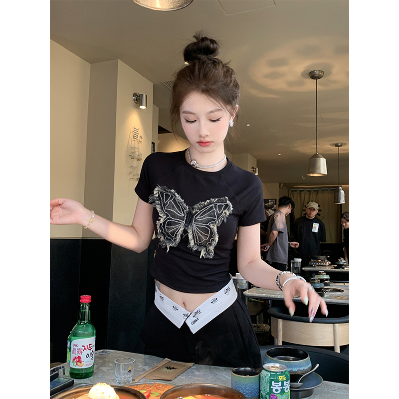 NIMO WANG slim-fitting short t-shirt for women summer butterfly top functional style hot girl American heavyweight right shoulder short sleeves