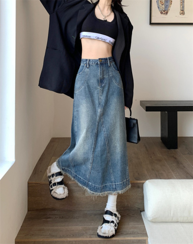 Raw edge tassel retro denim skirt distressed high-waisted A-line half-length skirt for women