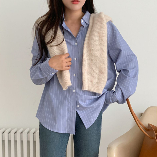 Blue striped long-sleeved shirt for women  spring new Korean style casual versatile layered vertical striped slim shirt