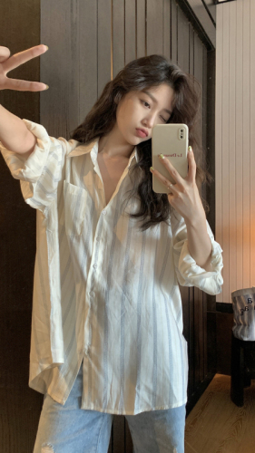 Actual shot, real price, Korean style loose slimming striped sun protection long-sleeved shirt