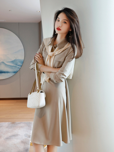 French retro temperament shirt dress  spring new long-sleeved waist a-line mid-length skirt for women