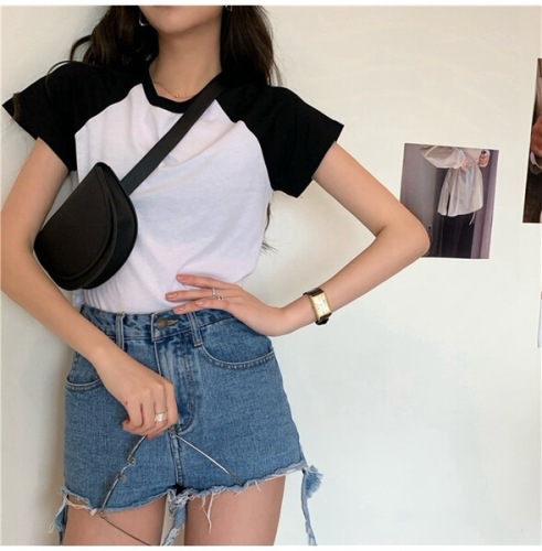 Contrast color short-sleeved women's high-waist trendy ins versatile student top summer navel-baring short t-shirt for women