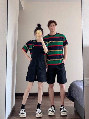 Actual shot #couples summer wear 2024 new Hong Kong style short-sleeved T-shirt striped overalls two-piece suit