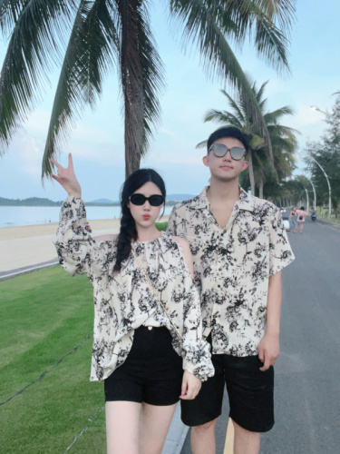 Couple's summer clothing niche design halter neck off-shoulder top seaside beach resort style shirt