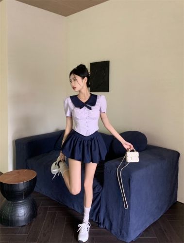 Korean style slimming college style short-sleeved JK shirt + high-waisted puffy skirt