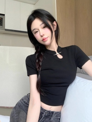 New Chinese style national style cheongsam collar temperament light mature style hot girl high-end short-sleeved T-shirt women summer slim tops women