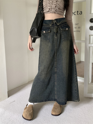 New high-waisted denim skirt for women, designer waistband, cuffed a-line mid-length skirt