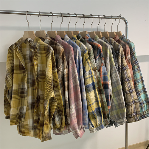 Actual shot and real price Korean high-end design niche shirt women's autumn clothing retro Hong Kong style versatile loose plaid shirt
