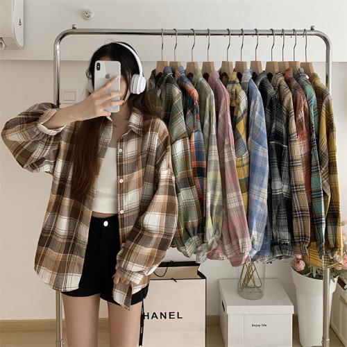 Actual shot and real price Korean high-end design niche shirt women's autumn clothing retro Hong Kong style versatile loose plaid shirt