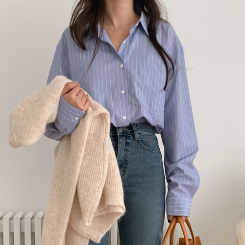 Blue striped long-sleeved shirt for women  spring new Korean style casual versatile layered vertical striped slim shirt