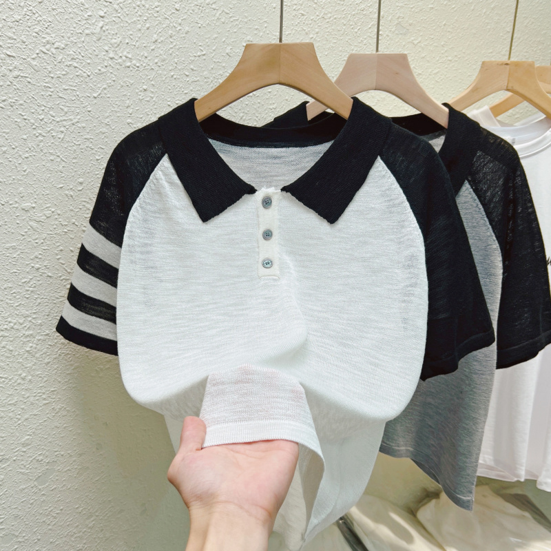 Real shot lapel ice silk short-sleeved T-shirt for women summer new Korean style loose thin shirt contrasting color knitted top