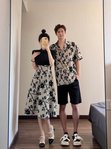 Real shot of couple's summer dress, slim and improved ink print retro cheongsam dress, one dress and one dress for women