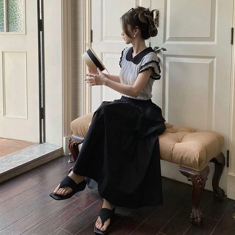 French style petite chic top, fashionable and age-reducing design, niche polo collar slim knitted T-shirt for women in summer