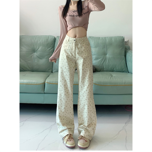 Real shot #American style small fresh floral wide leg pants for women 2024 spring and autumn new slim straight leg loose casual trousers