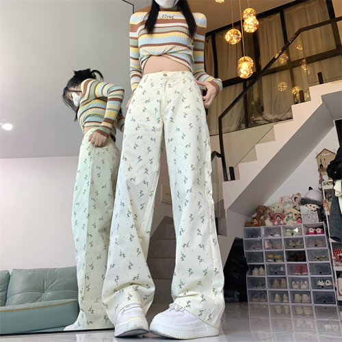 Real shot #American retro floral wide-leg pants for women 2024 spring and autumn new slim straight-leg loose casual trousers trend