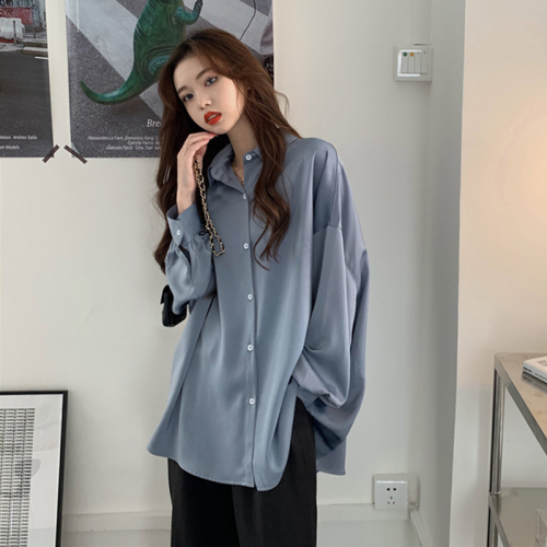 Spring and Autumn Korean version  new loose mid-length haze blue lazy style casual salt style long-sleeved shirt tops for women