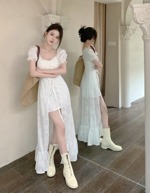 Actual price, real shot, jacquard daughter ballet style sweet hottie seaside white dress for women summer