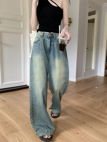 Real shot, real price, retro nostalgic loose wide-leg denim straight trousers for women