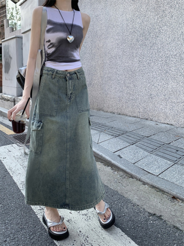 Summer design mid-length retro slit denim skirt for women