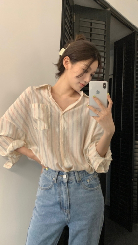 Actual shot, real price, Korean style loose slimming striped sun protection long-sleeved shirt