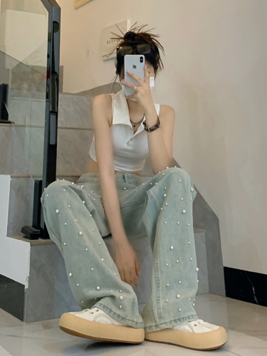 Real price!  Straight-leg wide-leg trousers, new pearl beads, high-waisted wide-leg denim trousers, women's floor-length trousers