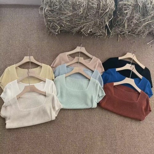 Actual shot of 2024 new summer Korean style loose square collar simple commuting slim and versatile short-sleeved pullover sweater