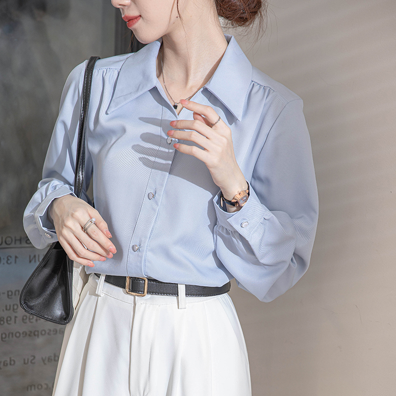 Real shot of autumn new long-sleeved Korean style solid color chiffon shirt OL professional commuting temperament solid color top for women