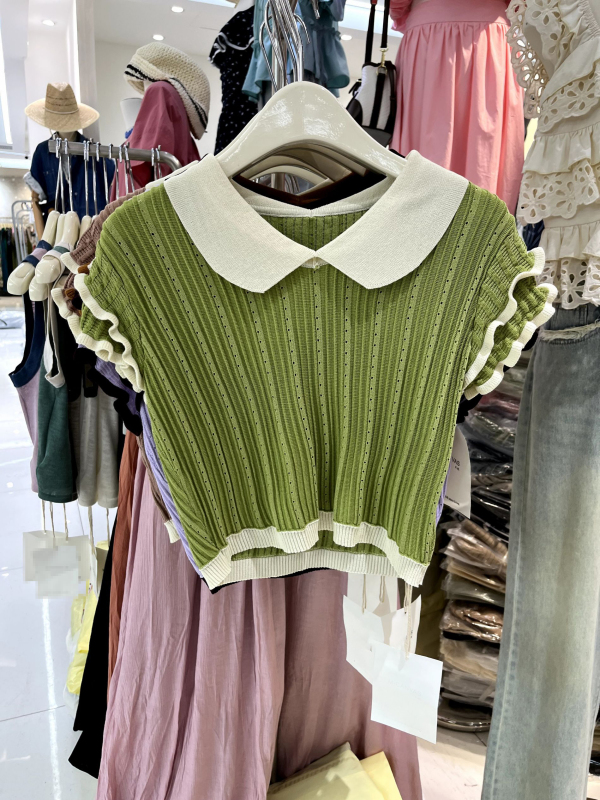 2023 Summer New Style Small Short Lapel Contrast Color Sweater Slim Fit Short Sleeve Top for Women