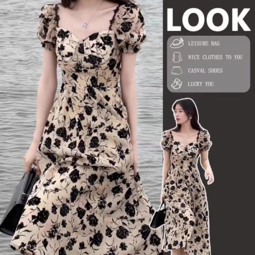 French Hepburn style dry floral dress for women with pear-shaped body, temperament and slim long skirt