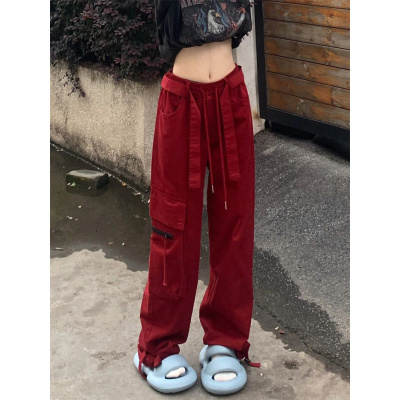 Red straight overalls for women in summer plus size new fat mm high waist loose slim casual floor mopping wide leg pants trendy