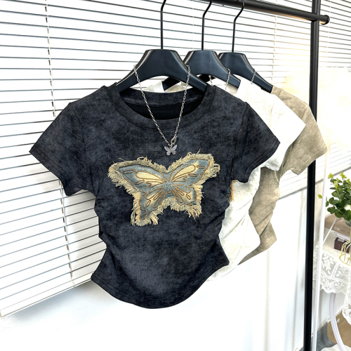 Pure cotton heavy industry denim butterfly summer American hot girl butterfly patch round neck t-shirt versatile temperament sexy top