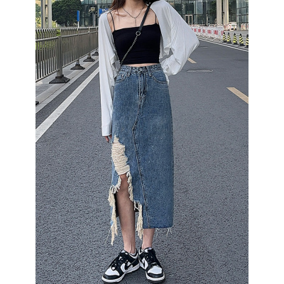 Frayed Irregular Denim Skirt Women's Summer Design Niche Retro High Waist A-Line Skirt Mid-Length Hot Girl Skirt