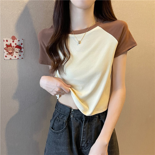 Actual price, real shot, short contrasting color raglan T-shirt for women, summer pure cotton design, versatile slim-fitting short-sleeved top