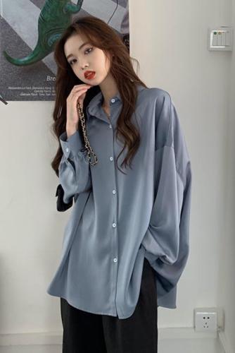 Spring and Autumn Korean version  new loose mid-length haze blue lazy style casual salt style long-sleeved shirt tops for women