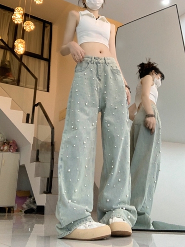 Real price!  Straight-leg wide-leg trousers, new pearl beads, high-waisted wide-leg denim trousers, women's floor-length trousers