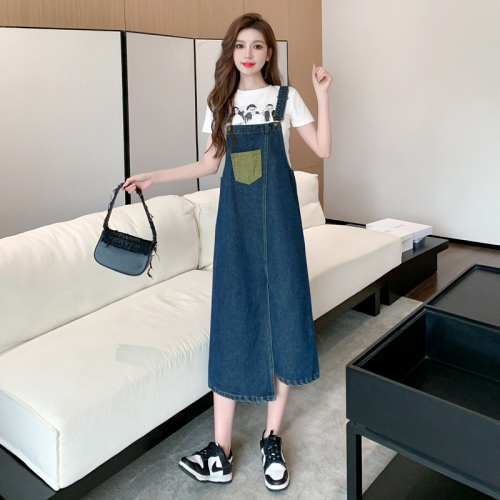 Actual shot and real price 2023 summer dress to slim down and reduce age, new retro a-line skirt denim suspender skirt