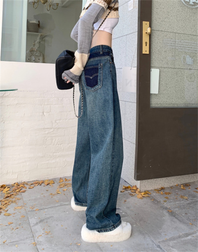Real shots and real prices~Autumn high-waisted wide-leg jeans for women with pockets and contrasting colors, retro loose, slim and drapey straight pants